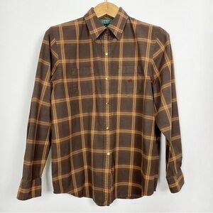 Ralph Lauren Women’s Classic Brown Plaid Button Down Shirt Size‎ Large Logo
